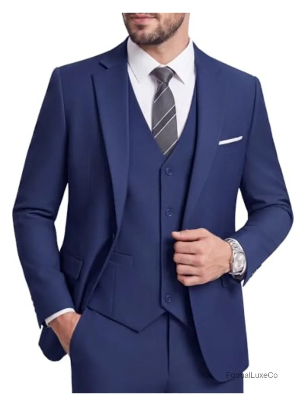 3-Piece Men's Slim Fit Suit Set with Vest and Tie, Polyester Spandex, Wedding